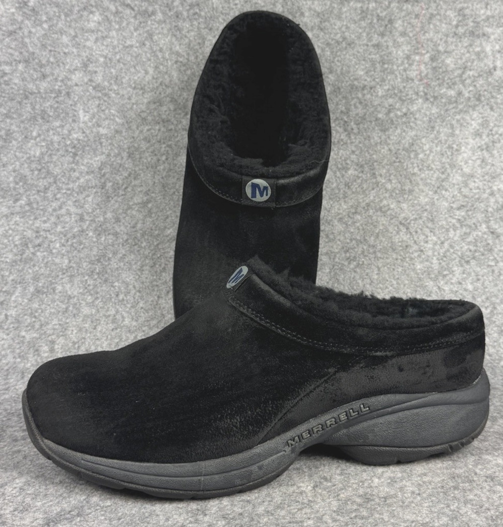 Merrell Encore Ice Black Suede Faux Fur Lined Clogs Women’s 9.5 Slip Ons *Read*